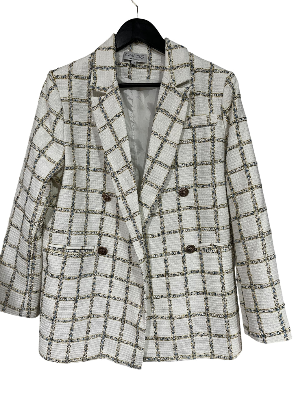 One Two Melbourne White & Gold Metallic Tweed Double-Breasted Blazer - Image 1