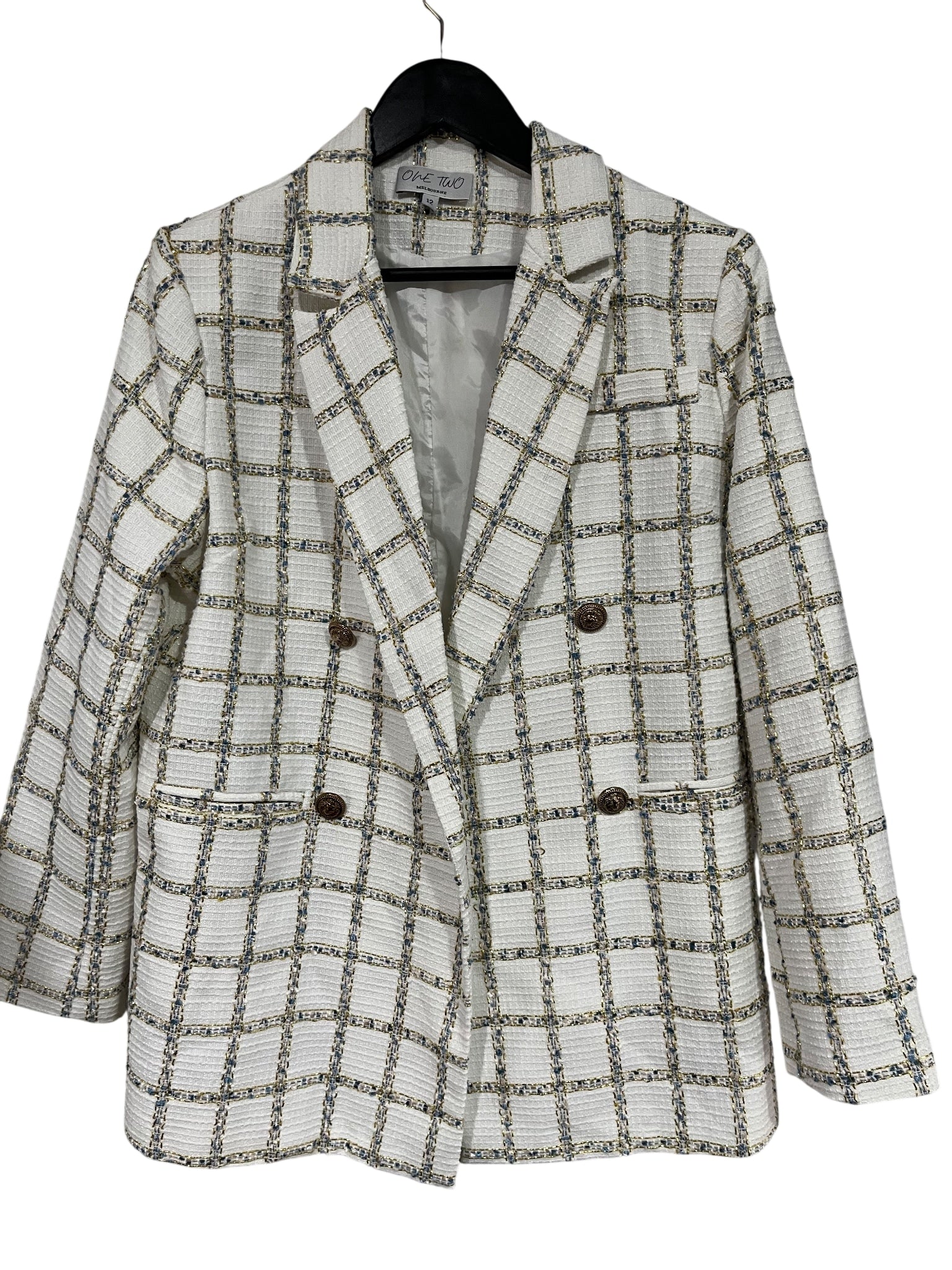 One Two Melbourne White & Gold Metallic Tweed Double-Breasted Blazer - Image 1