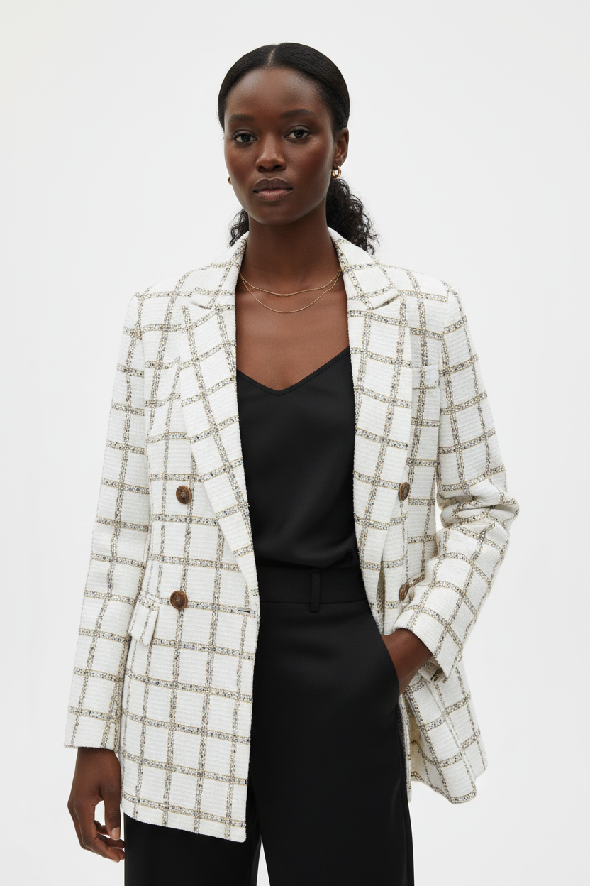 One Two Melbourne White & Gold Metallic Tweed Double-Breasted Blazer