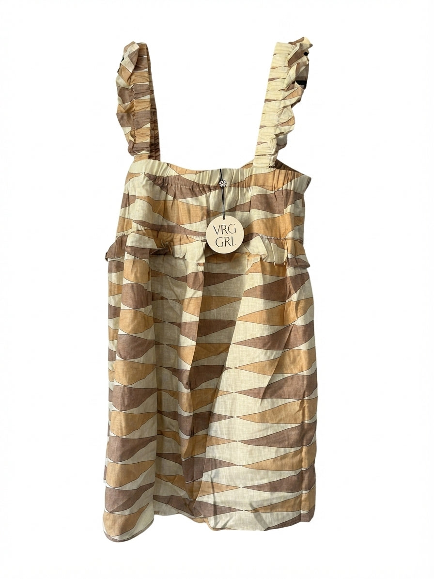 VRG GRL Ruffle Strap Mini Dress Brown Geometric Print - Image 1
