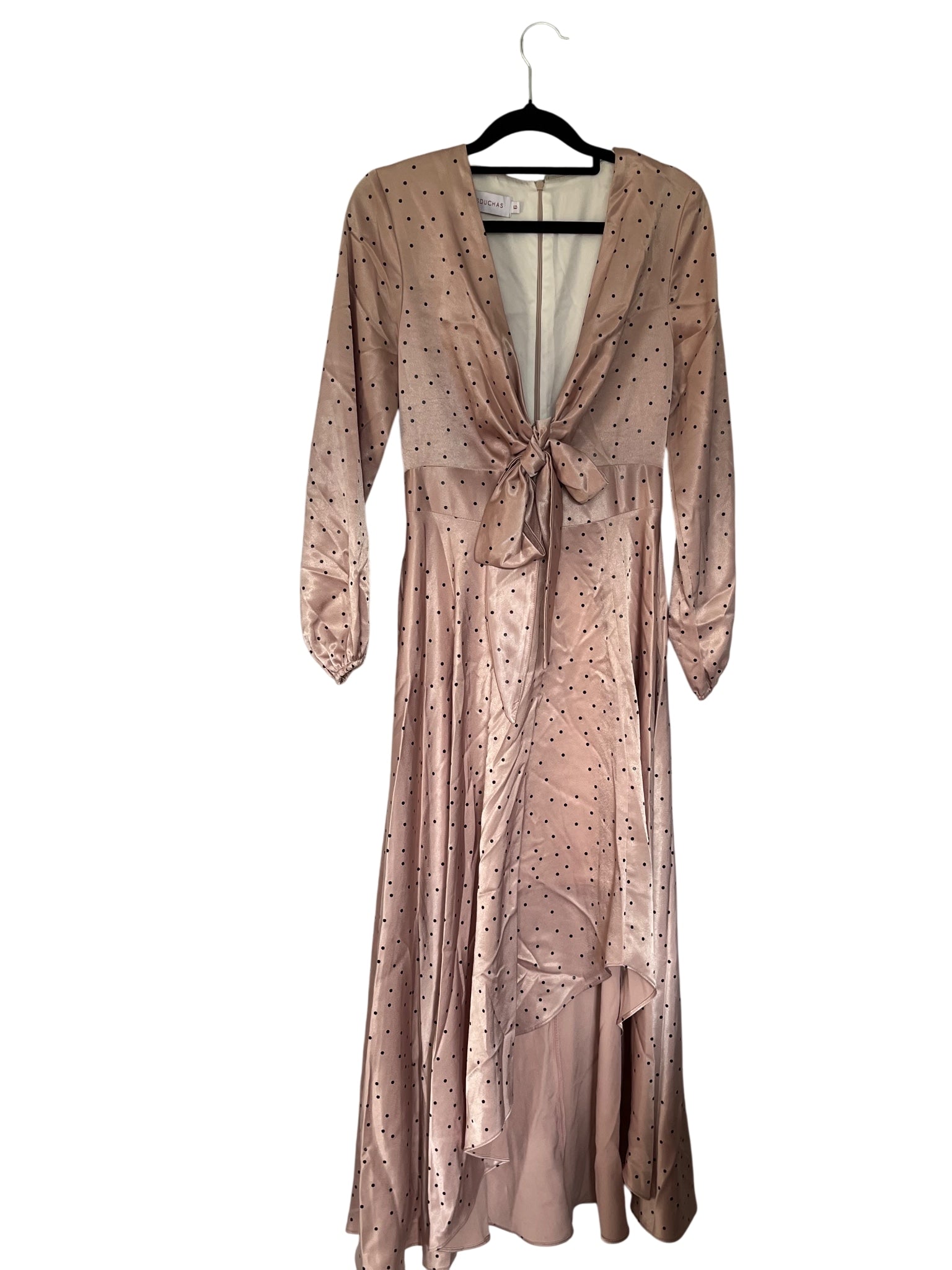 Pasduchas Pink Polka Dot Satin Tie Front Midi Dress Size 6 - Image 1