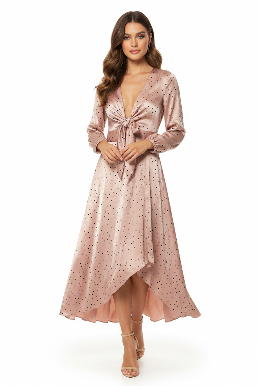 Pasduchas Pink Polka Dot Satin Tie Front Midi Dress Size 6