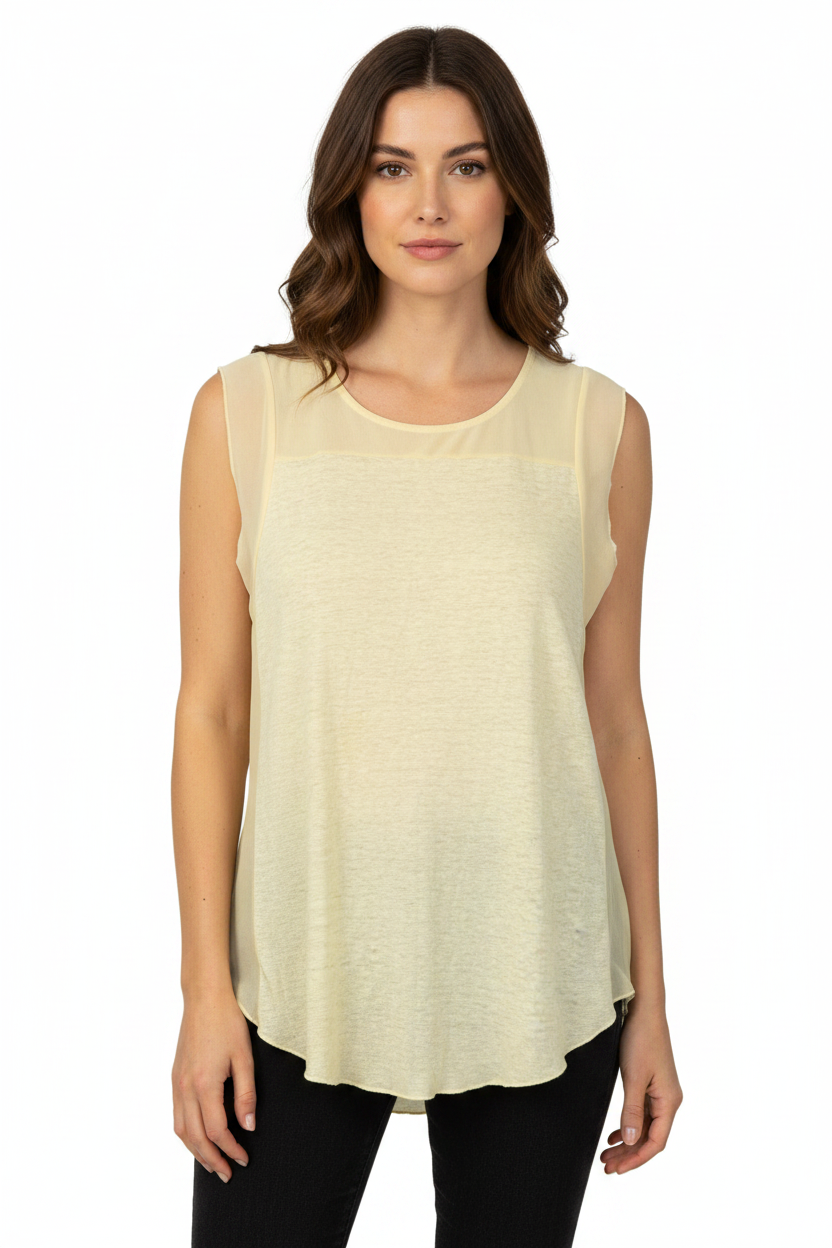 Thurley Yellow Linen Blend Mesh Panel Sleeveless Top