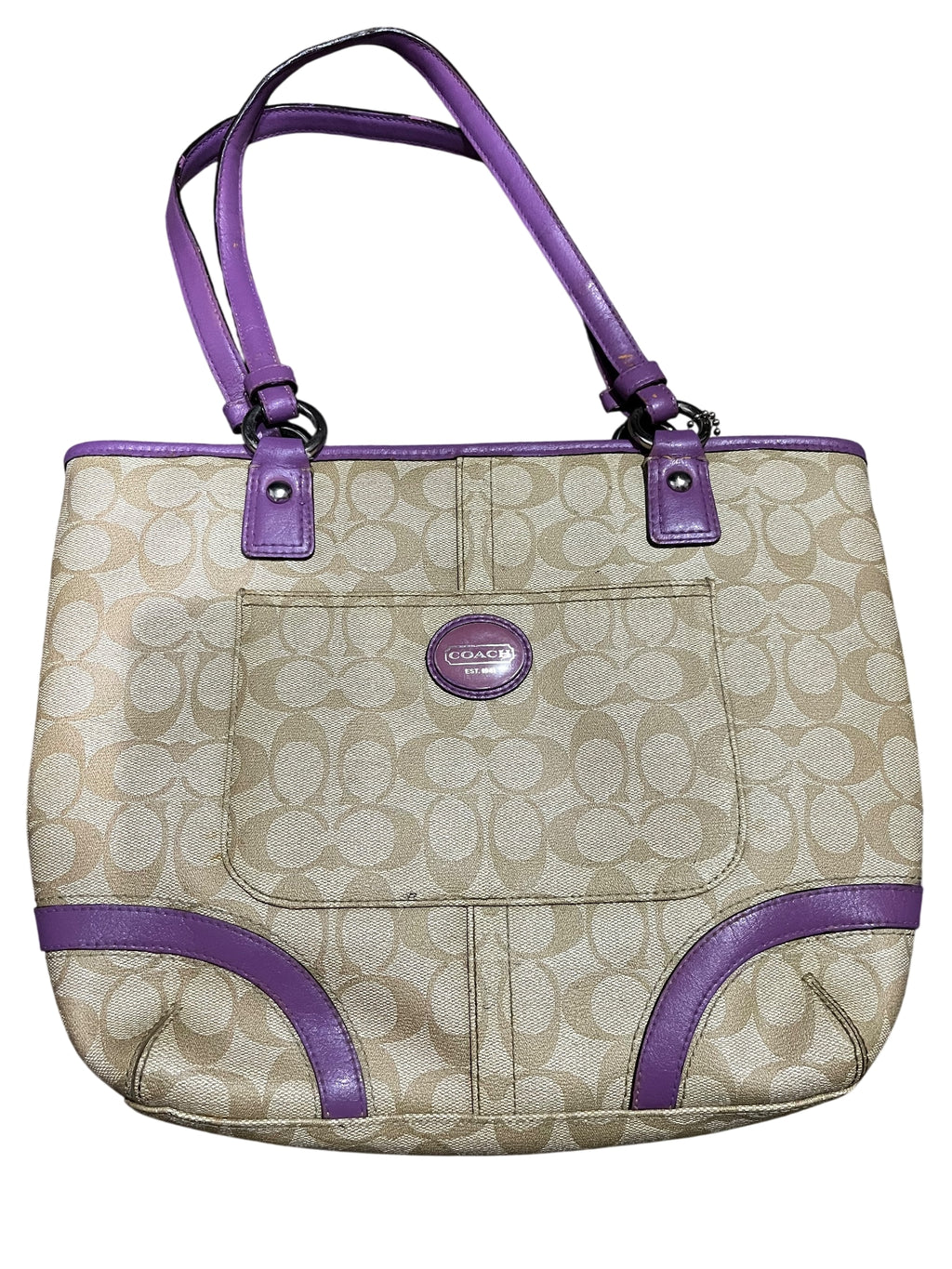 Coach Signature C Tote Bag Beige Purple Leather Trim - Image 1