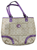 Coach Signature C Tote Bag Beige Purple Leather Trim - Image 1