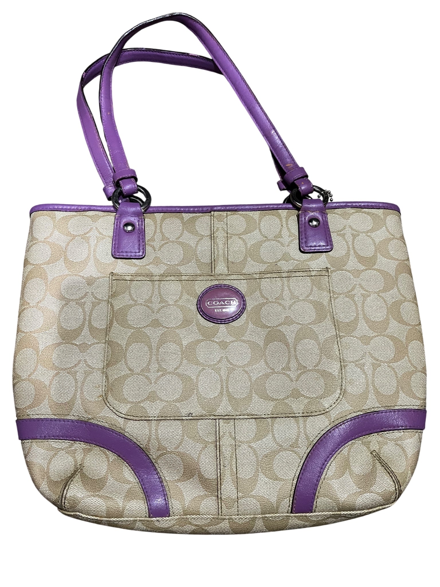 Coach Signature C Tote Bag Beige Purple Leather Trim - Image 1
