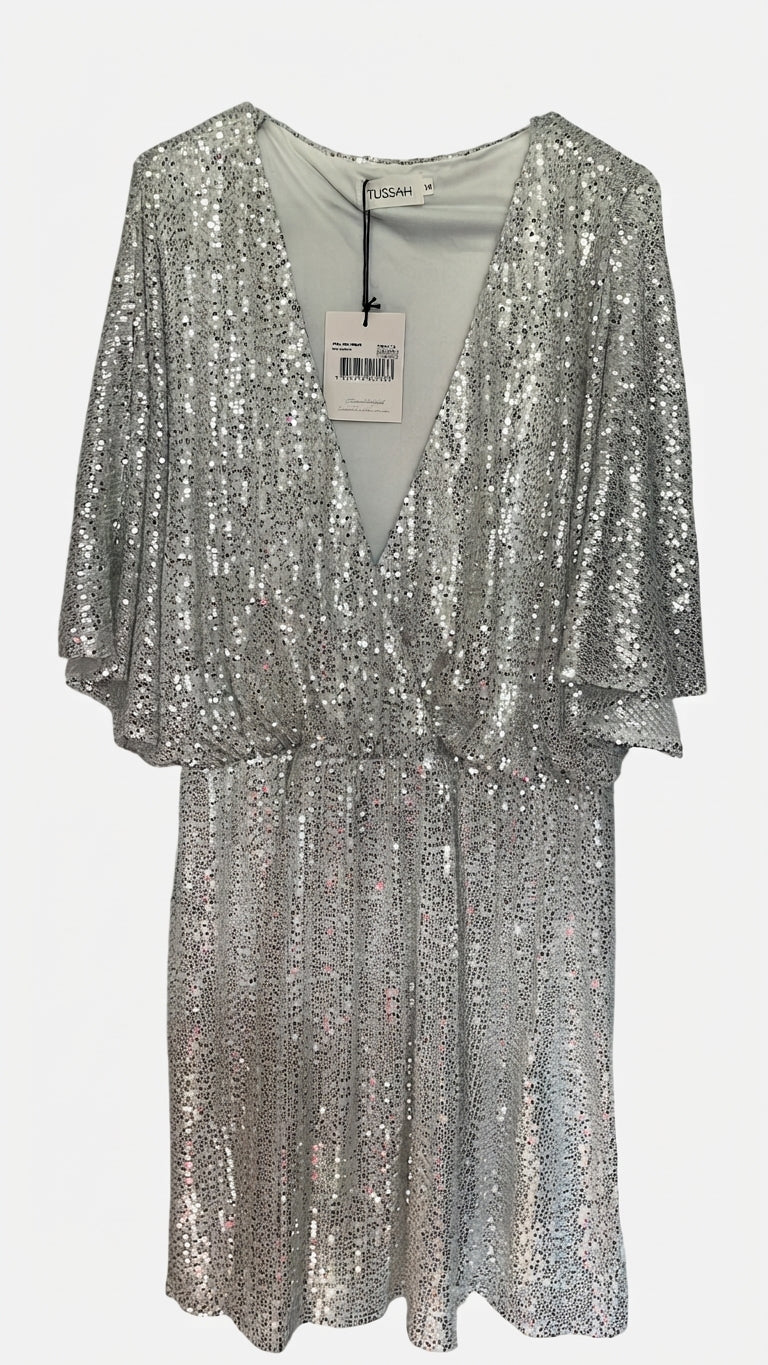 Tussah Frea Mini Dress Silver Sequin Flutter Sleeve V-Neck New With Tags size 14 - Image 1