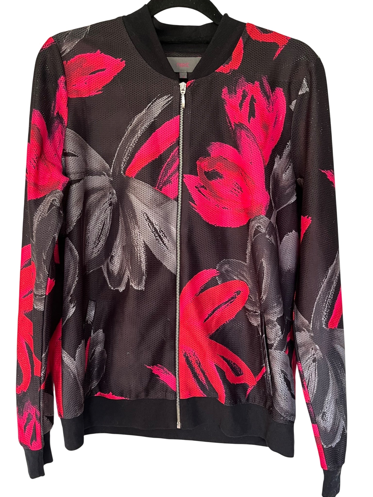 Next Black Pink Floral Perforated Bomber Jacket Size 12 - Image 1