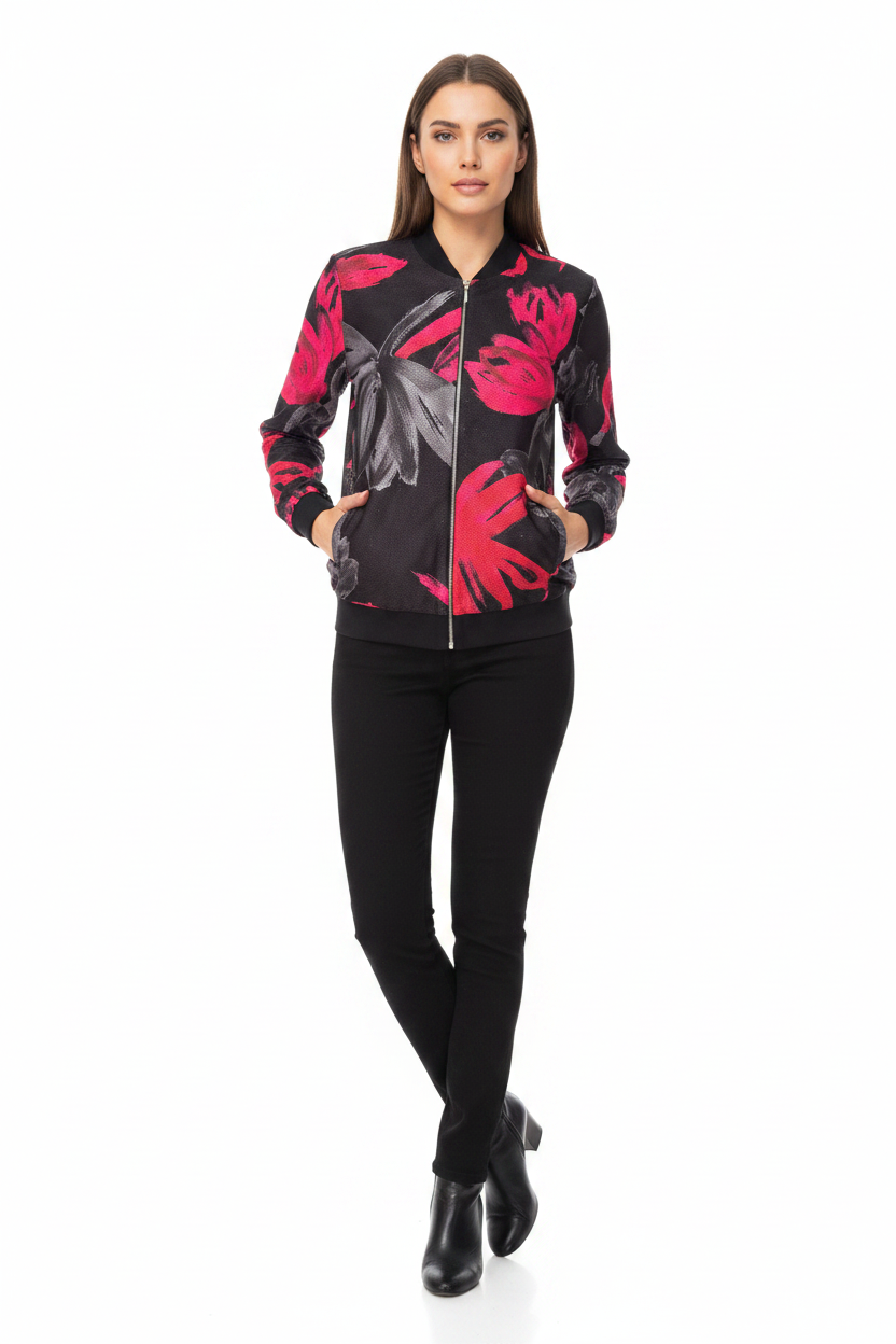Next Black Pink Floral Perforated Bomber Jacket Size 12