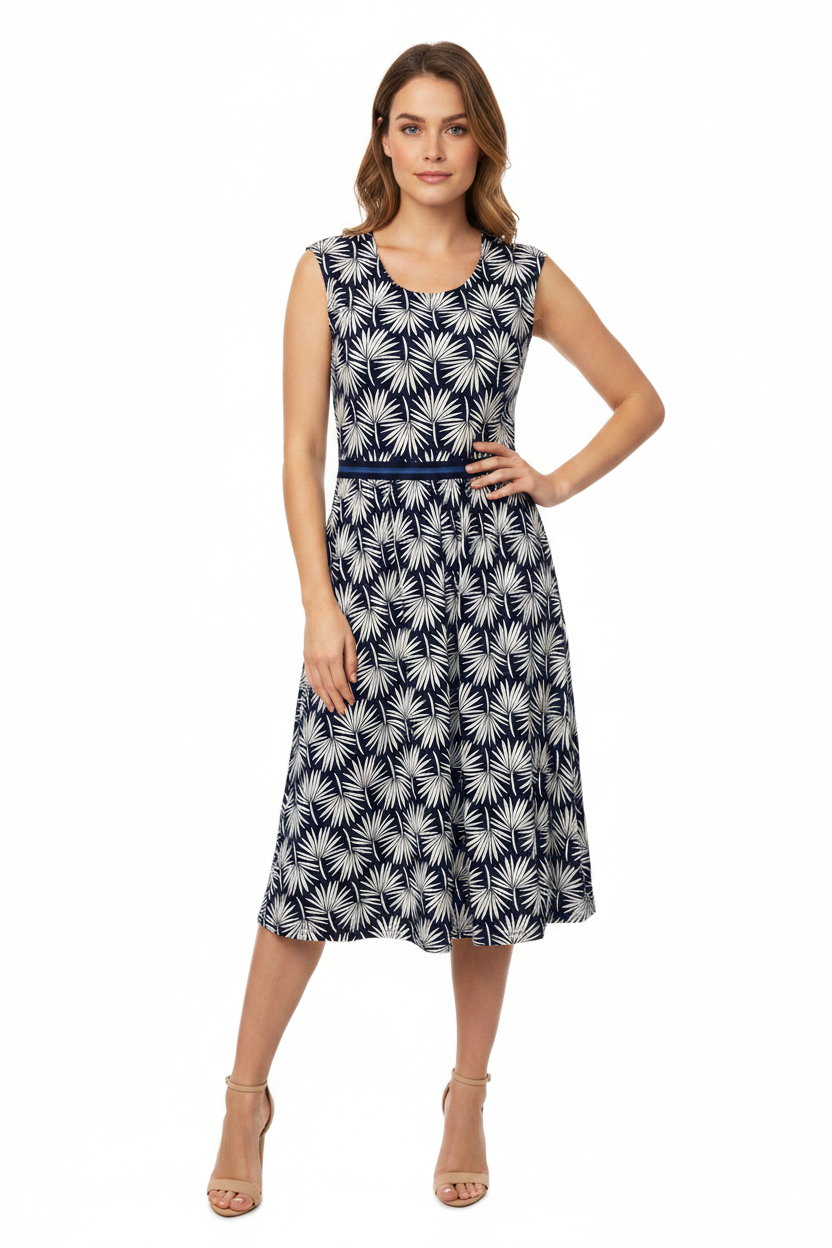 Boden Navy & White Palm Leaf Print Sleeveless Jersey Dress