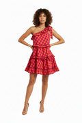 Gorman Pink & Orange Gingham One-Shoulder Tiered Mini Dress Size 12