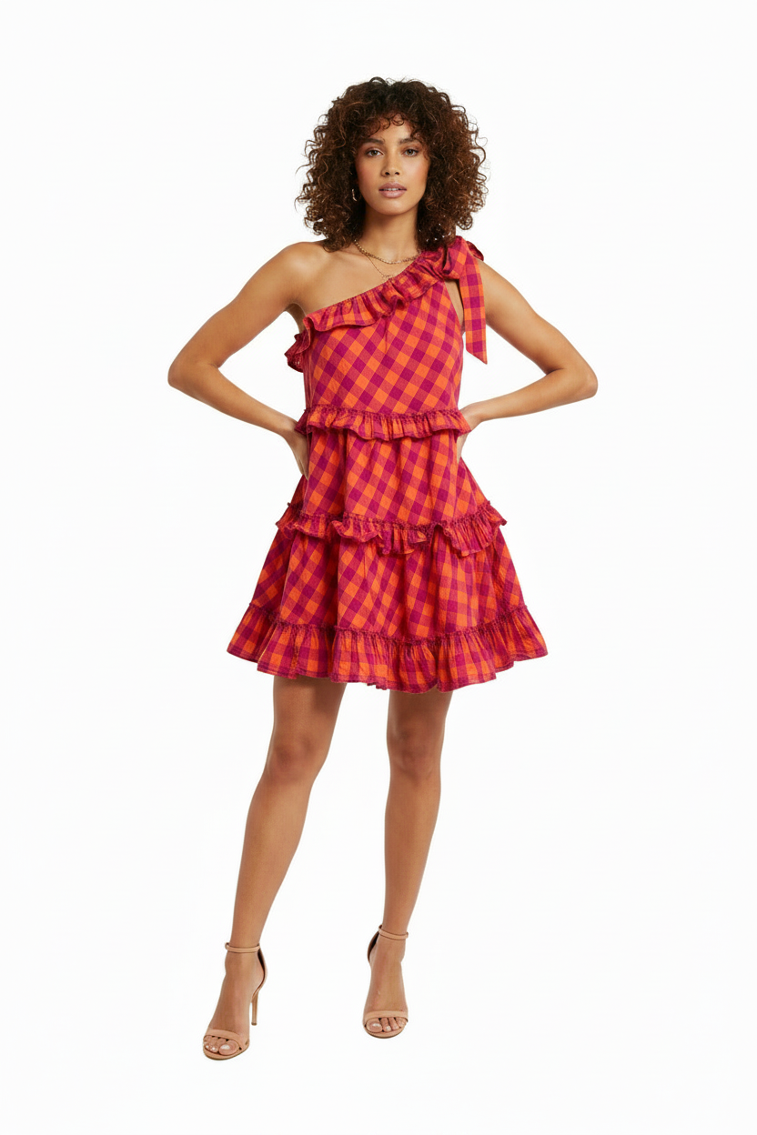 Gorman Pink & Orange Gingham One-Shoulder Tiered Mini Dress Size 12