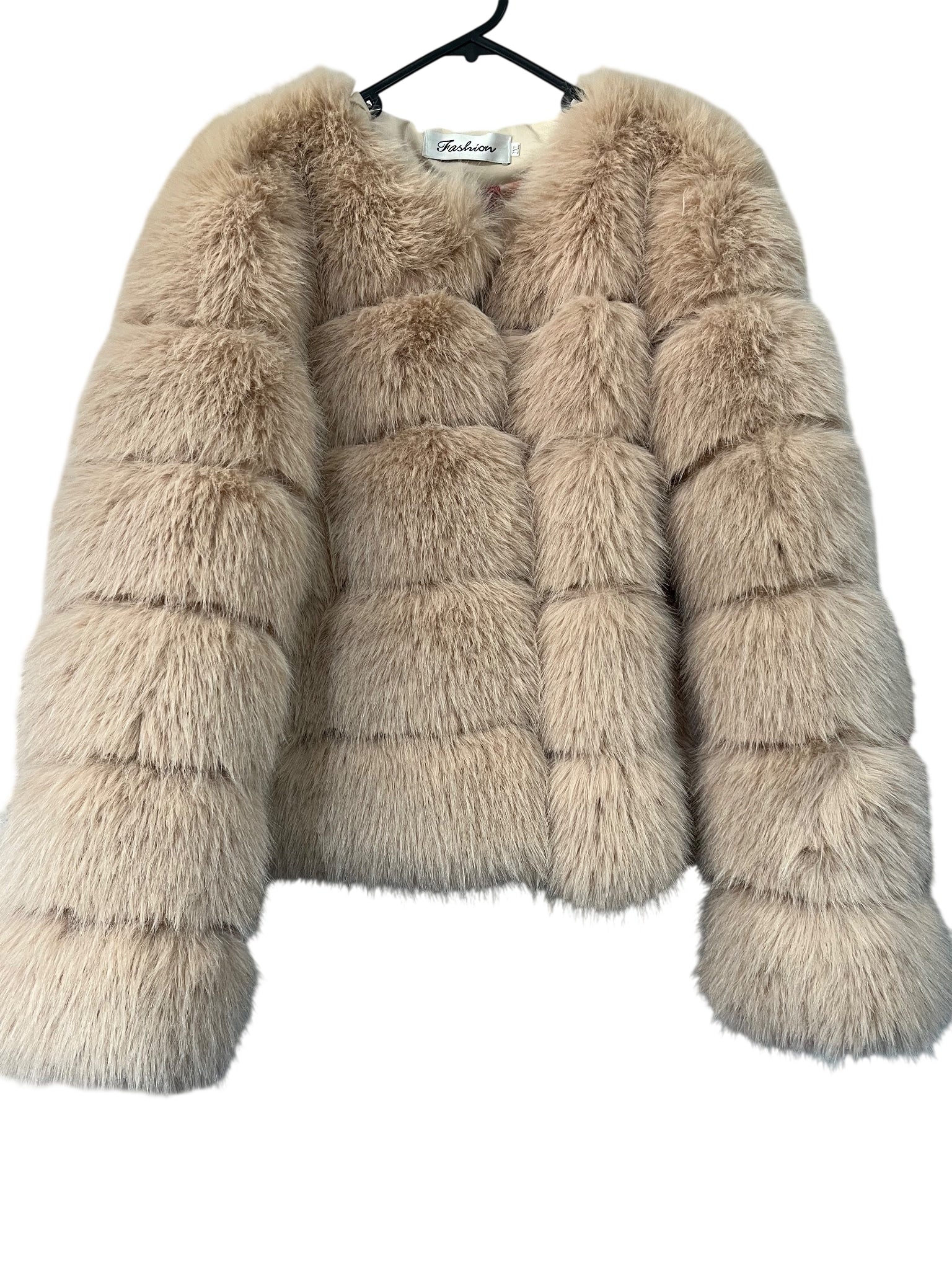 Women's Beige Faux Fur Shaggy Tiered Jacket - Image 1