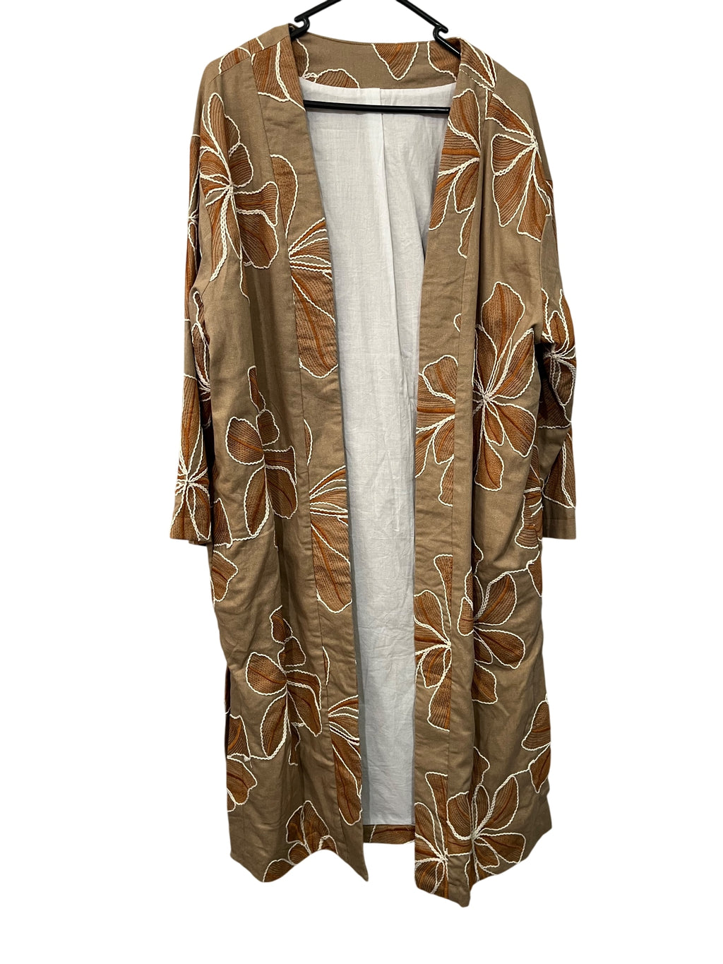 La Maise Tan Floral Embroidered Linen Blend Kimono Duster Cardigan - Image 1