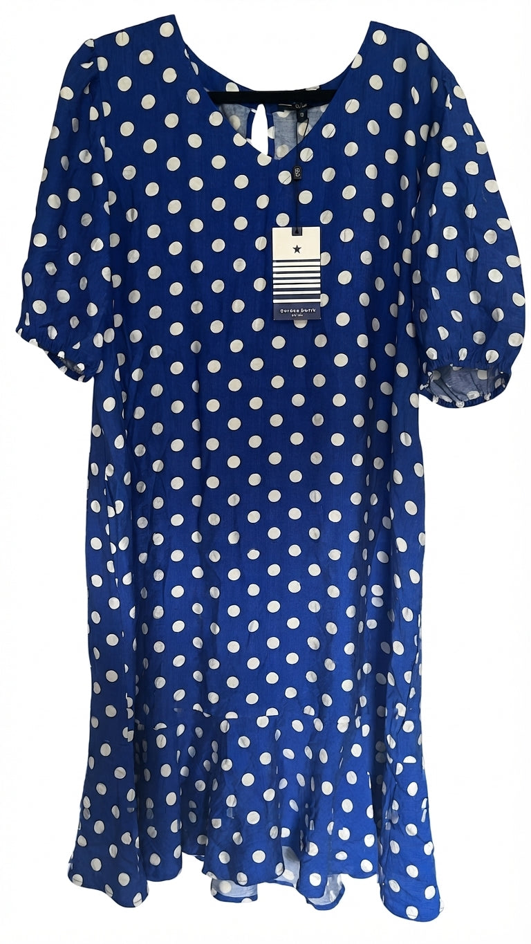 Gordon Smith Blue Polka Dot V-Neck Ruffle Hem Dress Size 10 - Image 1