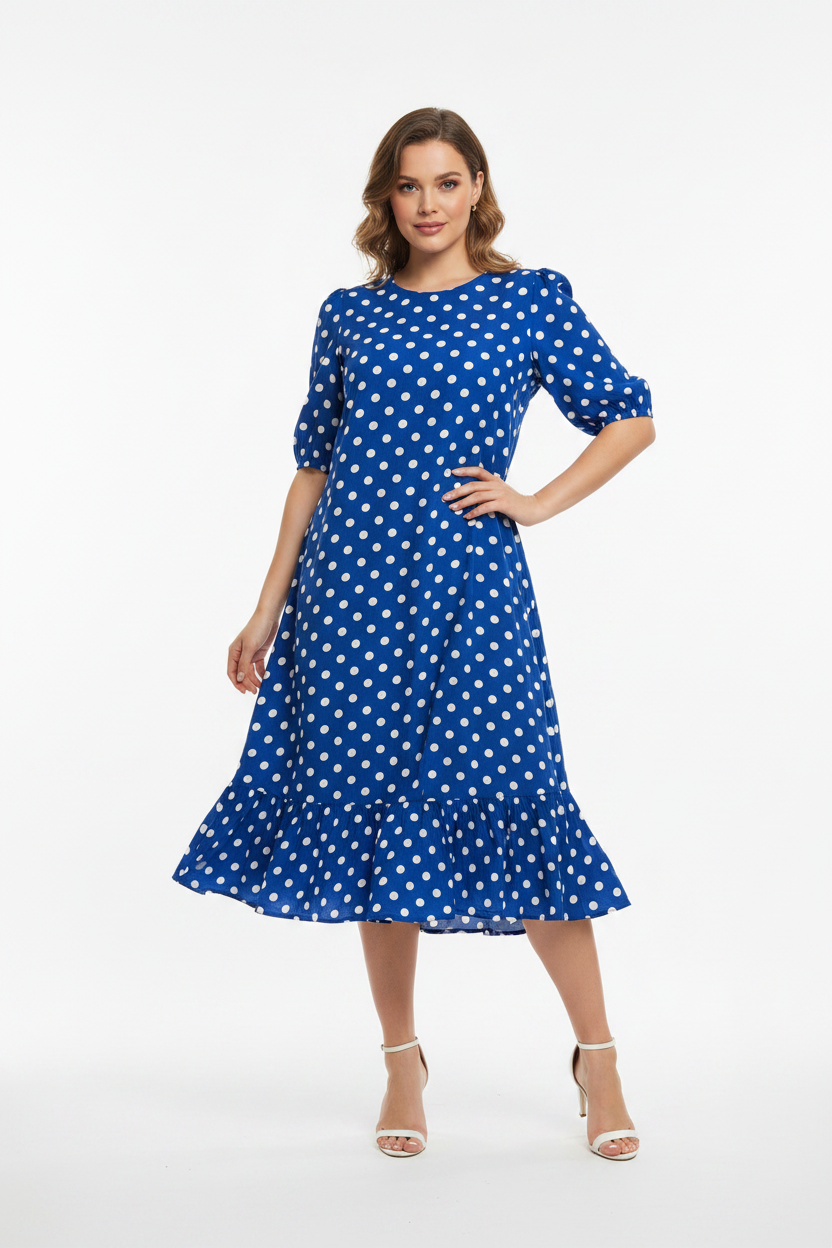 Gordon Smith Blue Polka Dot V-Neck Ruffle Hem Dress Size 10