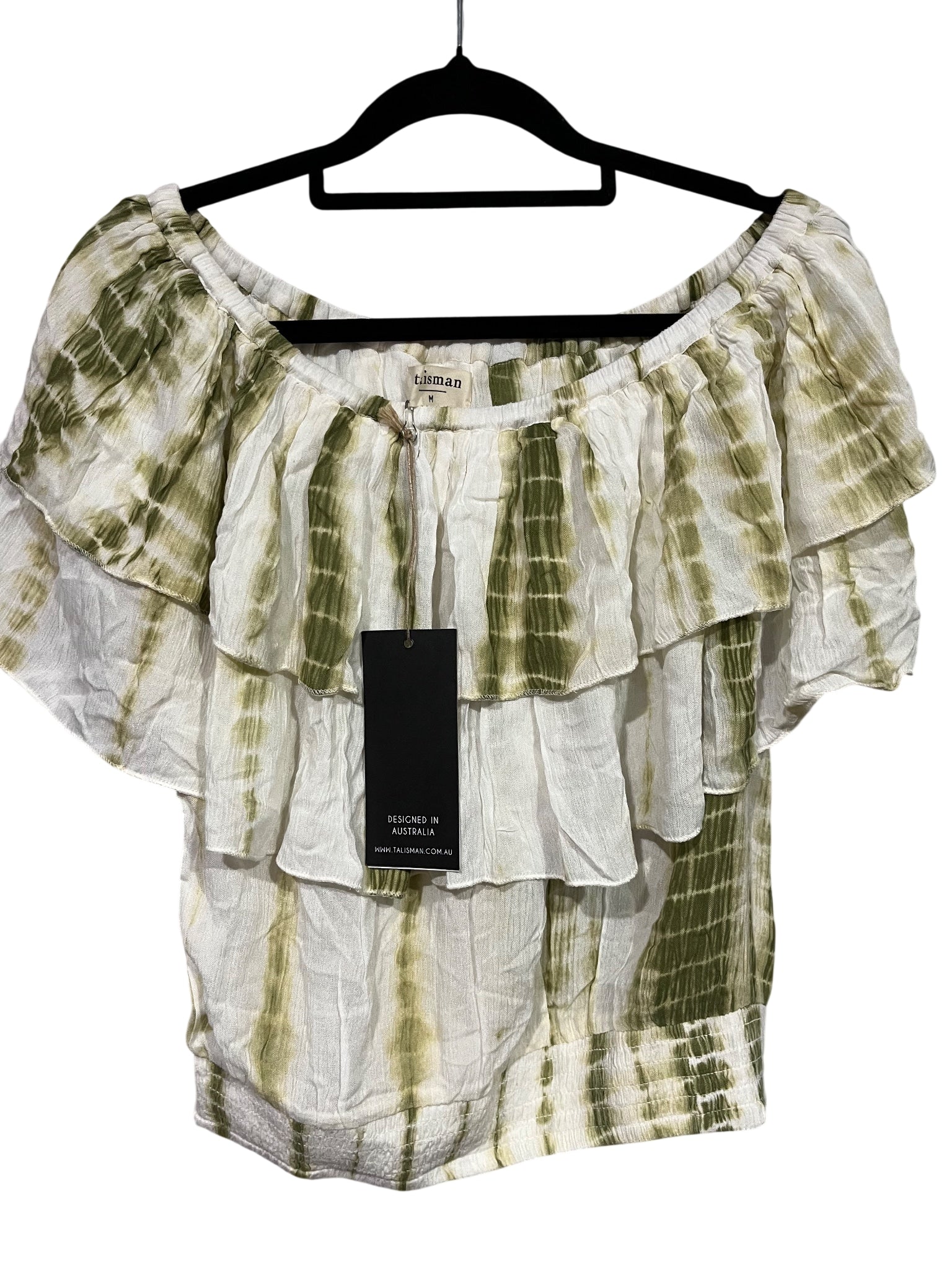 Talisman Road Trip Off-The-Shoulder Ruffle Top Olive Tie Dye Size S - Image 1