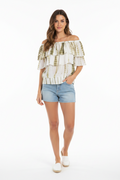 Talisman Road Trip Off-The-Shoulder Ruffle Top Olive Tie Dye Size S
