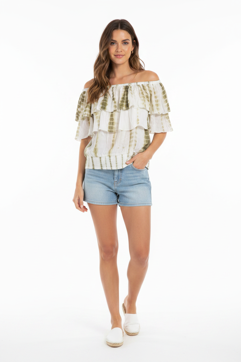 Talisman Road Trip Off-The-Shoulder Ruffle Top Olive Tie Dye Size S
