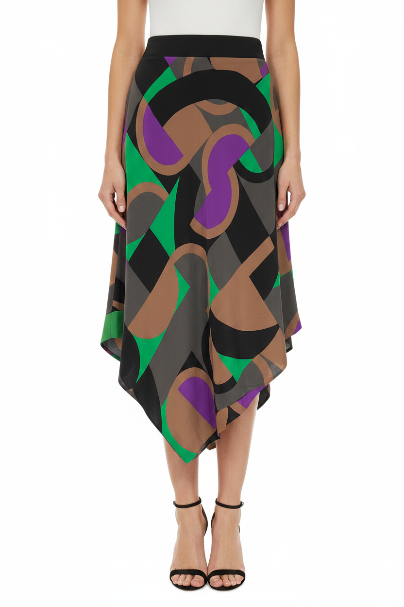 MISSONI Geometric Print Silk Asymmetrical Midi Skirt