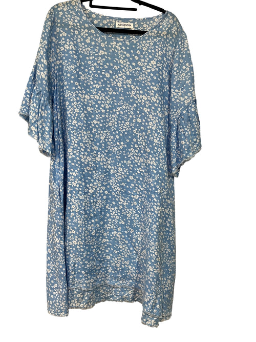 ALESSANDRA Blue Floral Linen Ruffle Sleeve Shift Dress M - Image 1