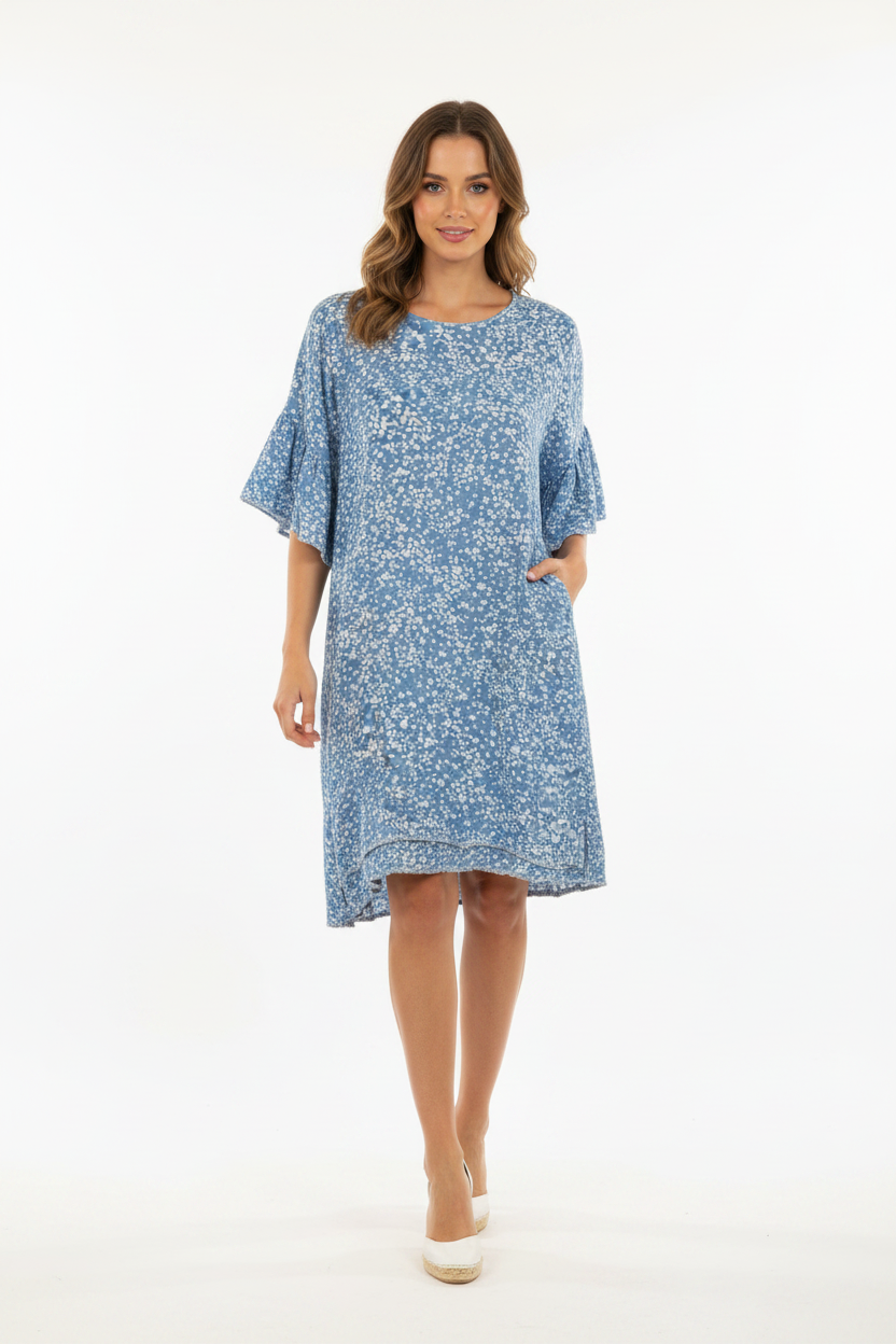 ALESSANDRA Blue Floral Linen Ruffle Sleeve Shift Dress M
