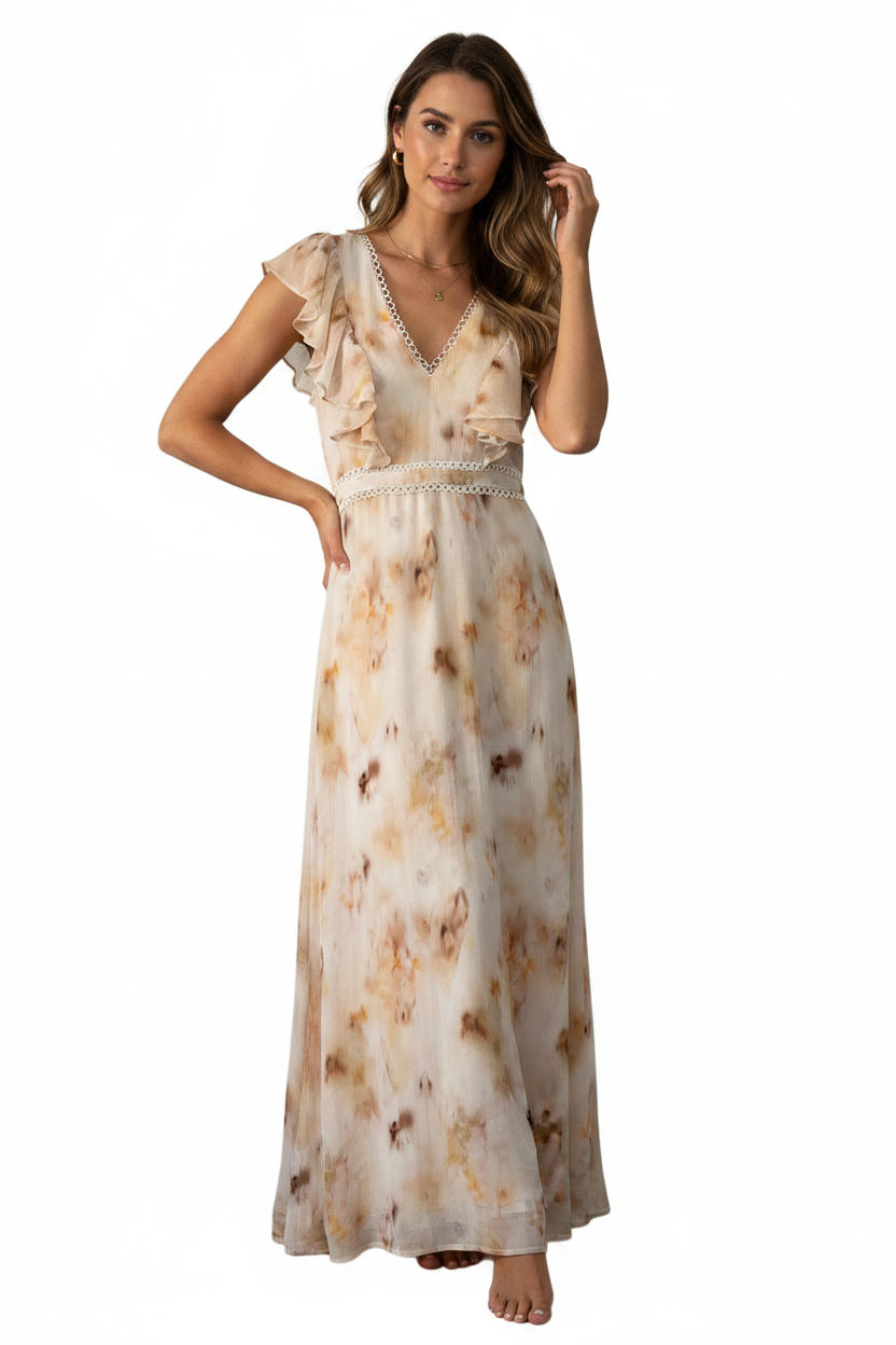 BWLDR Abstract Print Ruffle Maxi Dress Size 10