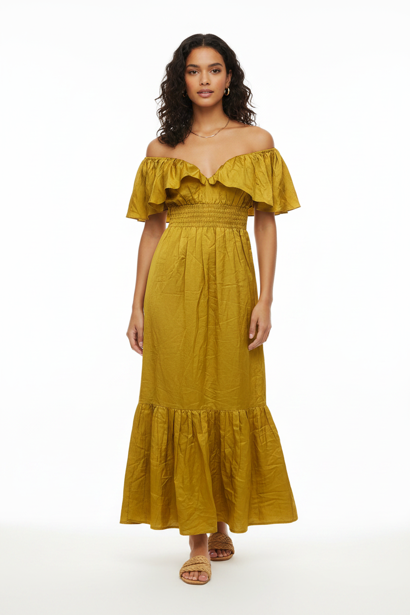 Rooh Collective Mustard Yellow Ruffle Maxi Dress Size S rrp $499