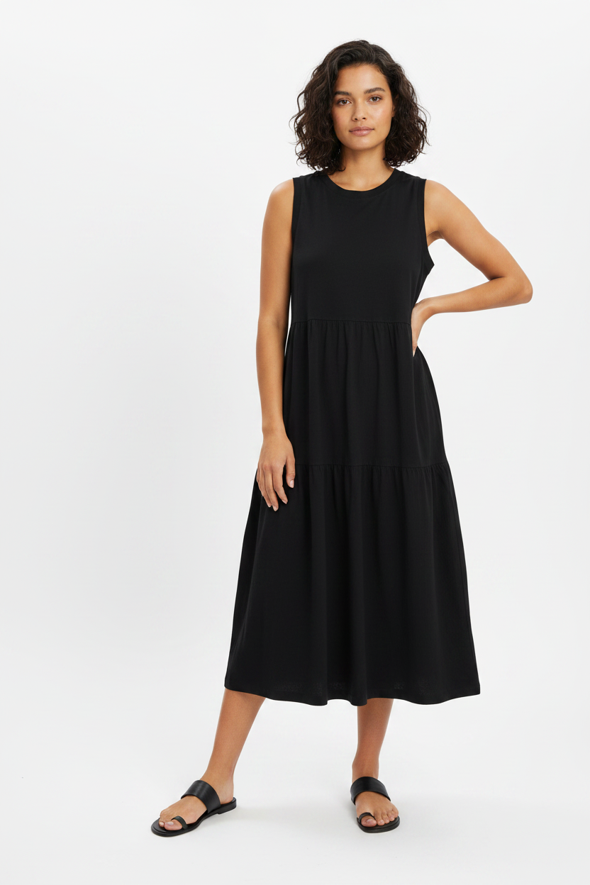 DEA Black Sleeveless Tiered Midi Dress Size 10