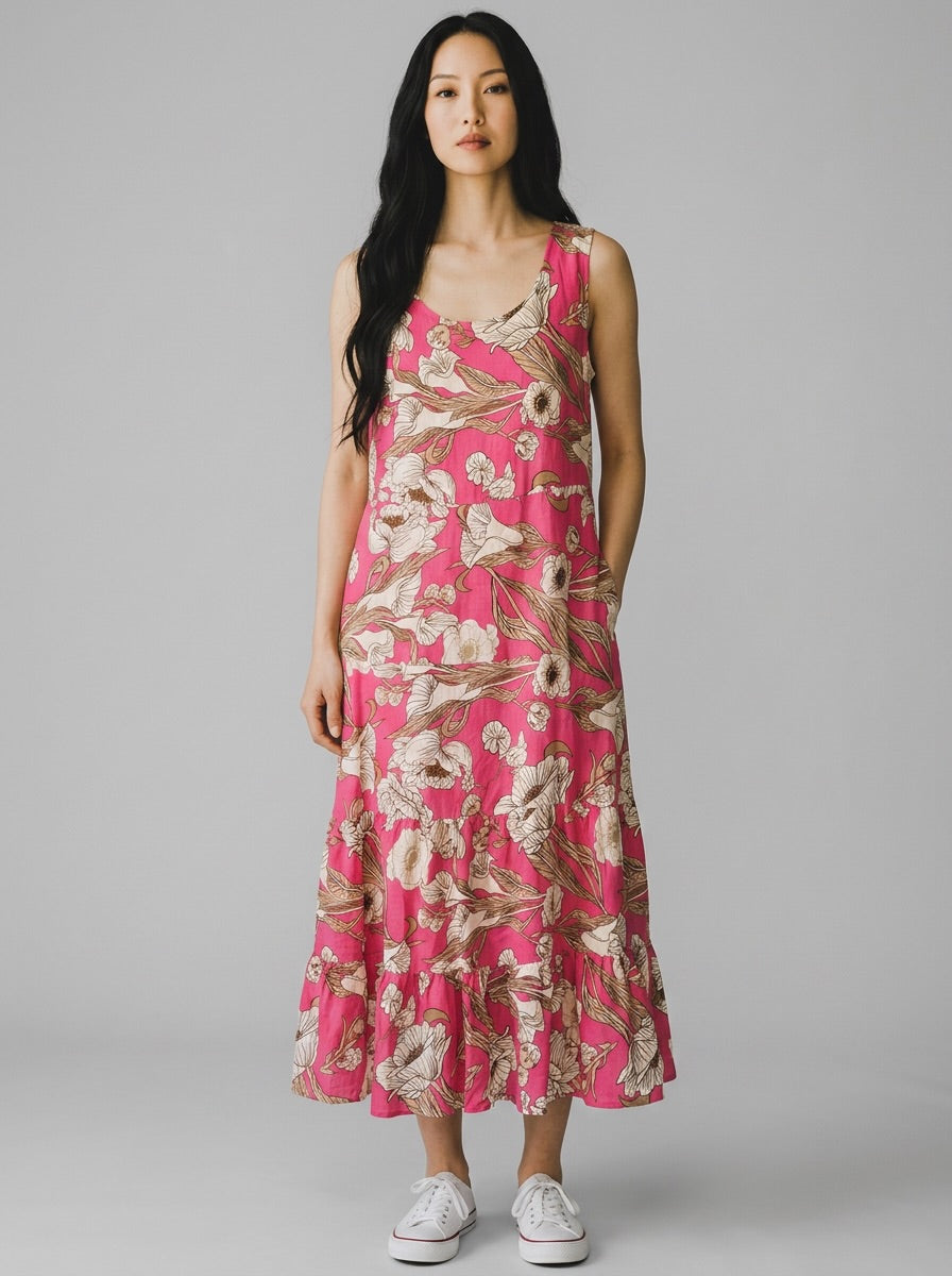 W.Lane Floral Sleeveless Tiered Midi Dress Pink Size 10