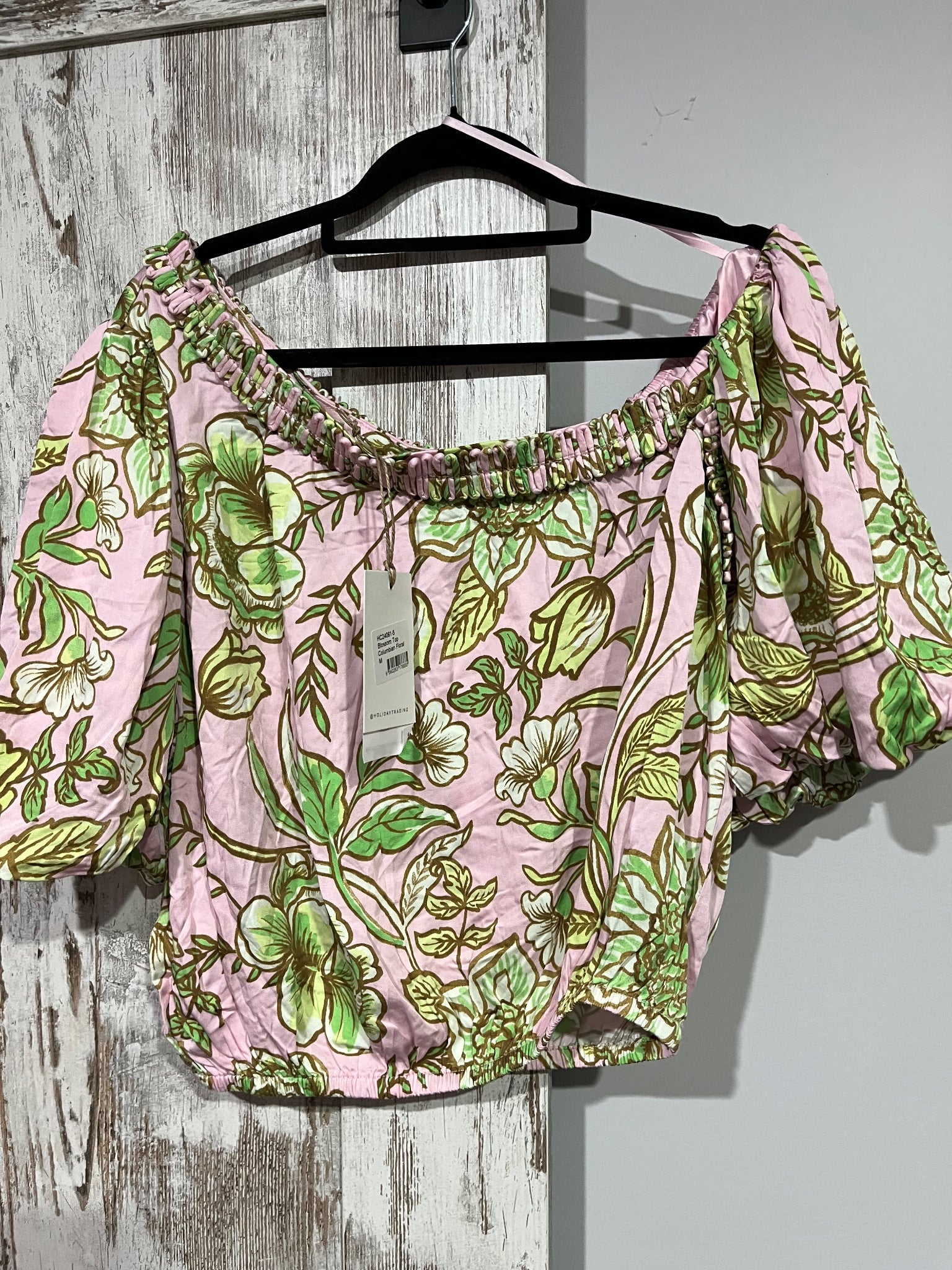HOLIDAY TRADING Pink and Green Floral Off-the-Shoulder Blossom Top - Image 2
