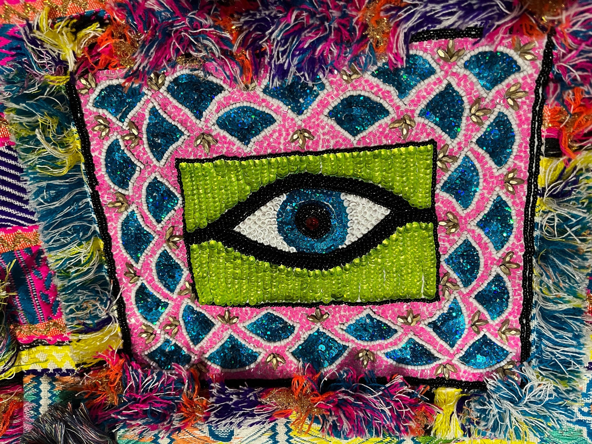 Boho Beaded Evil Eye Patchwork Tote Bag With Fringe - Image 2