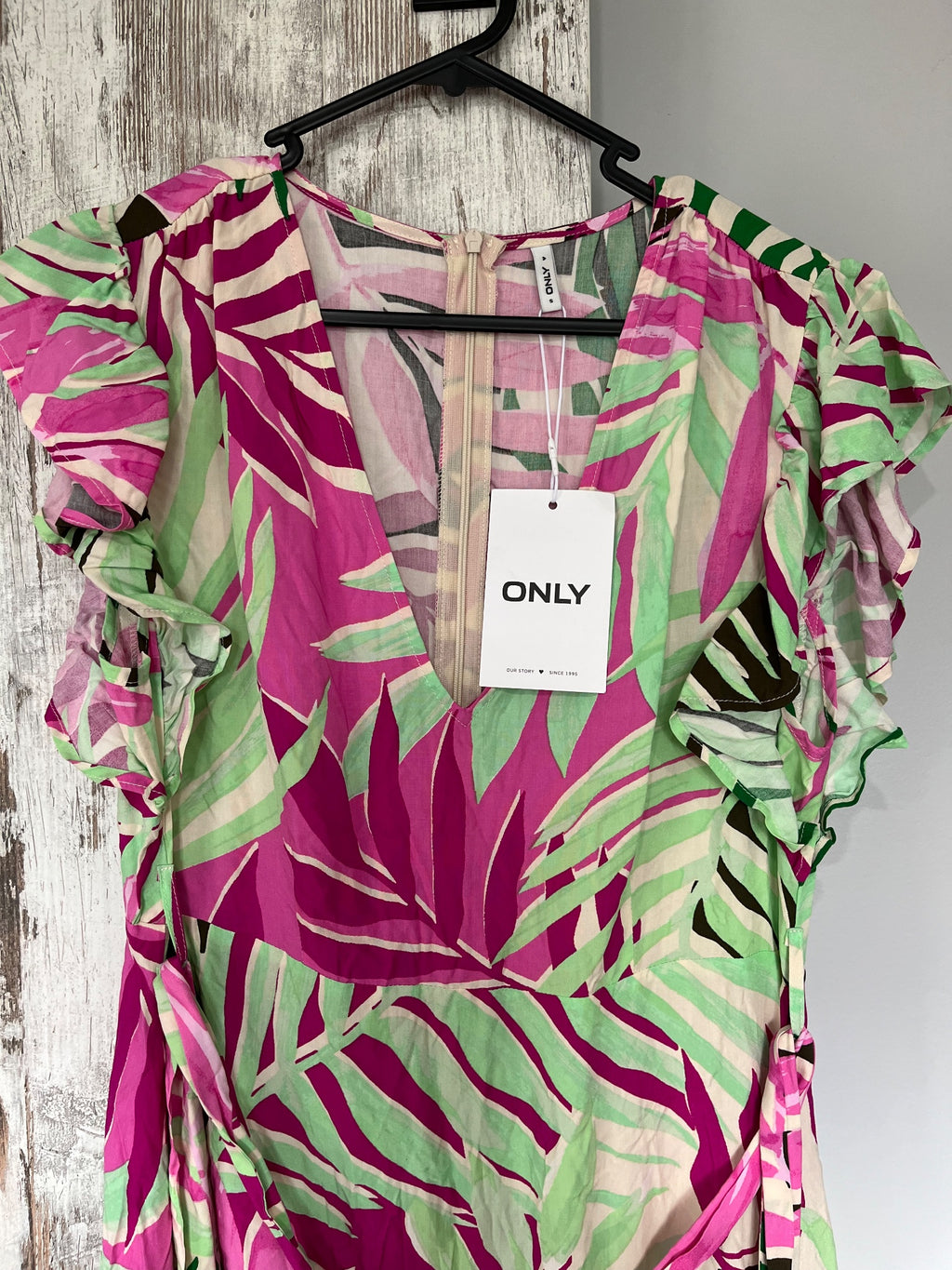 ONLY Tropical Leaf Print Ruffle Sleeve Mini Dress Size S - Image 2