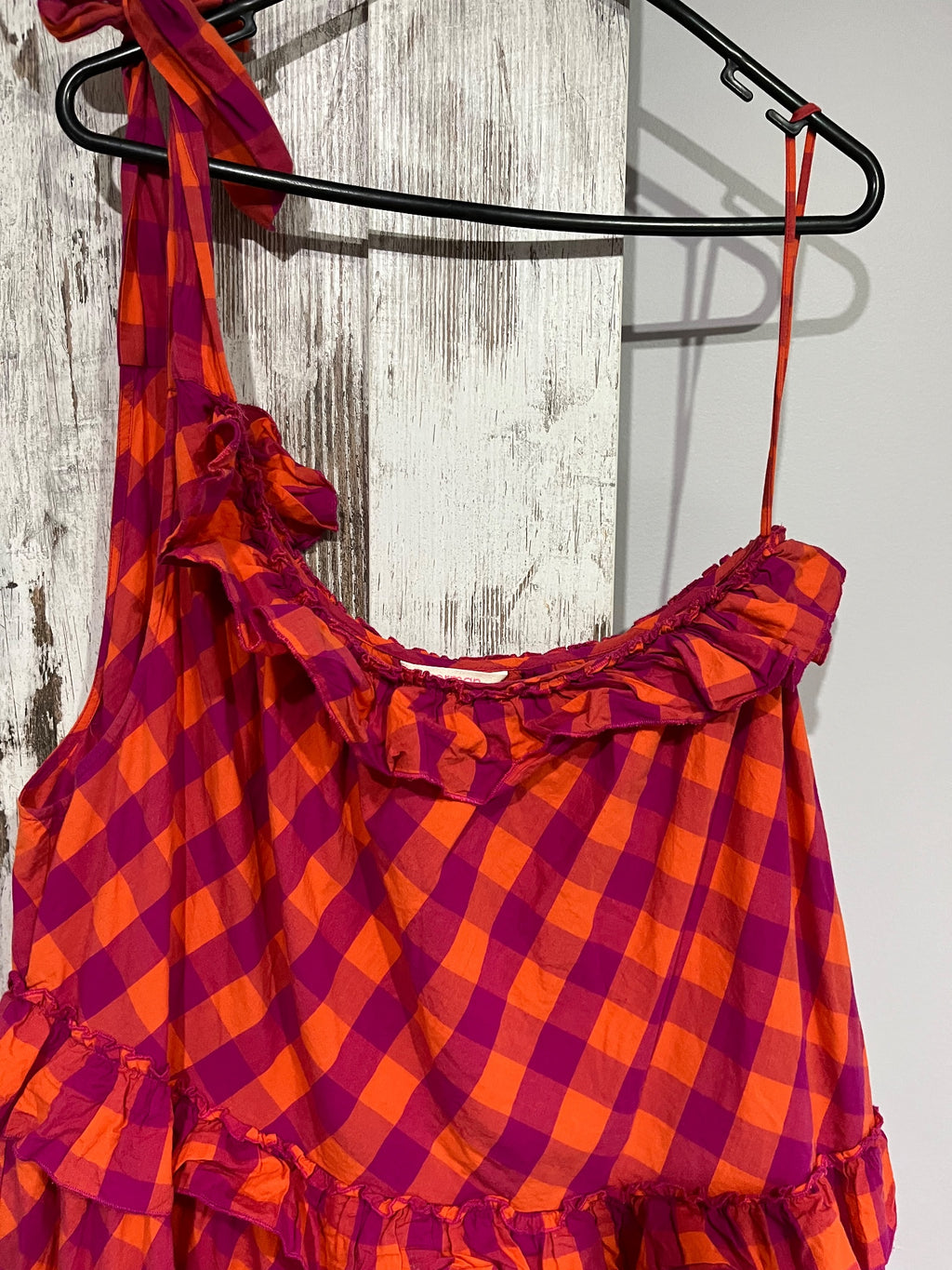 Gorman Pink & Orange Gingham One-Shoulder Tiered Mini Dress Size 12 - Image 2