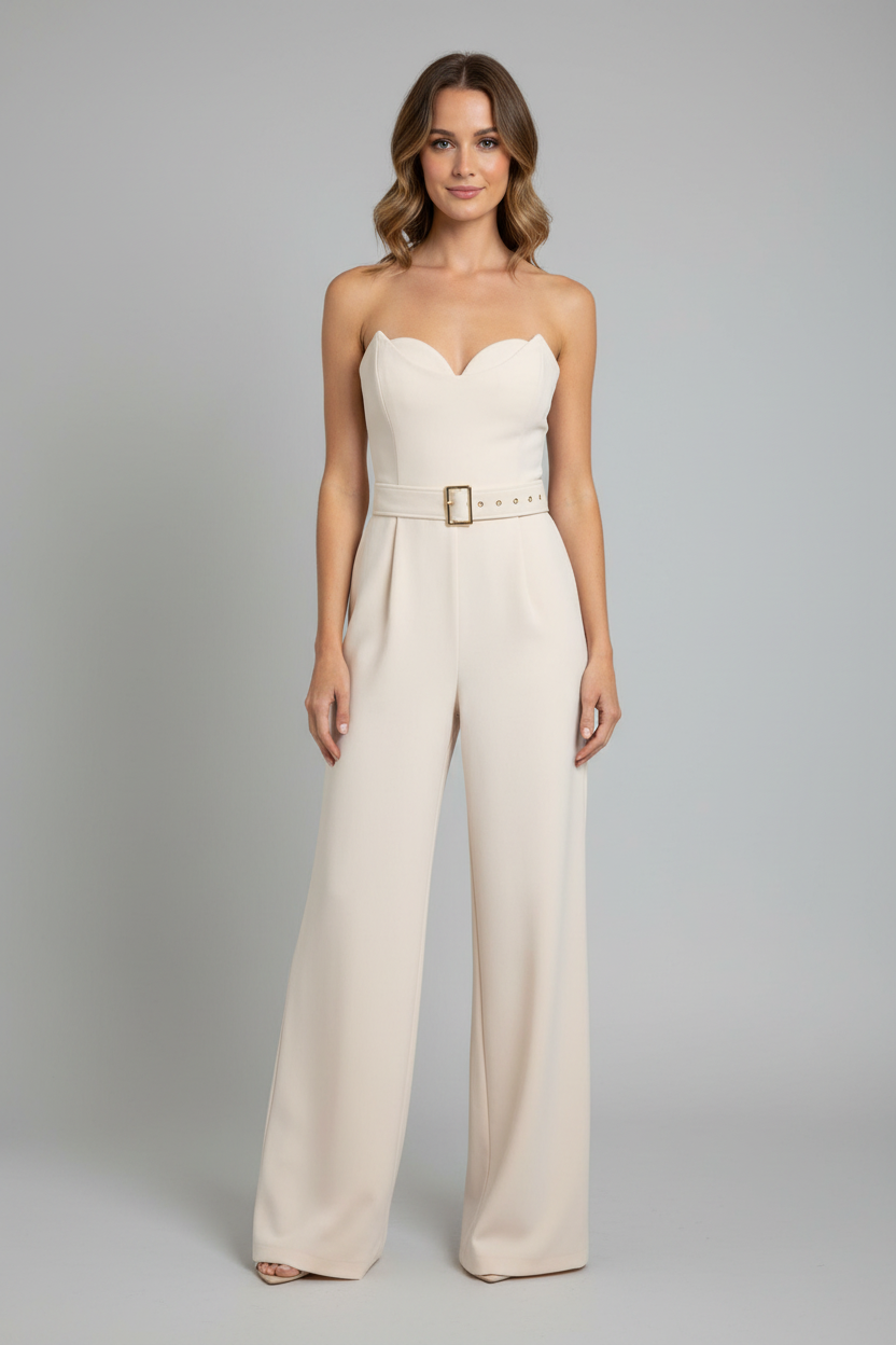 Sheike Beige Strapless Belted Jumpsuit Size 10