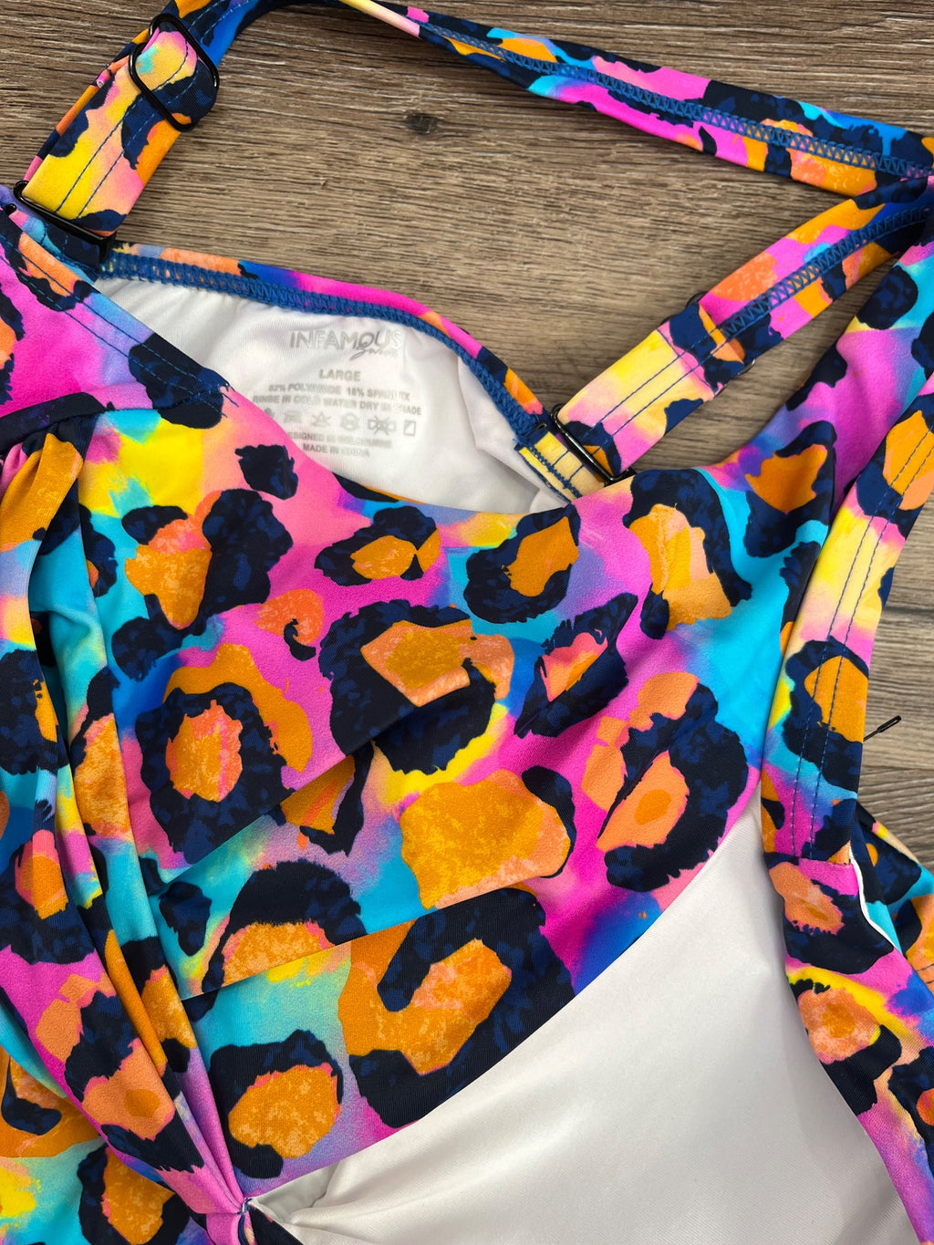 INFAMOUS Neon Leopard Print One-Piece Swimsuit Large - Image 2