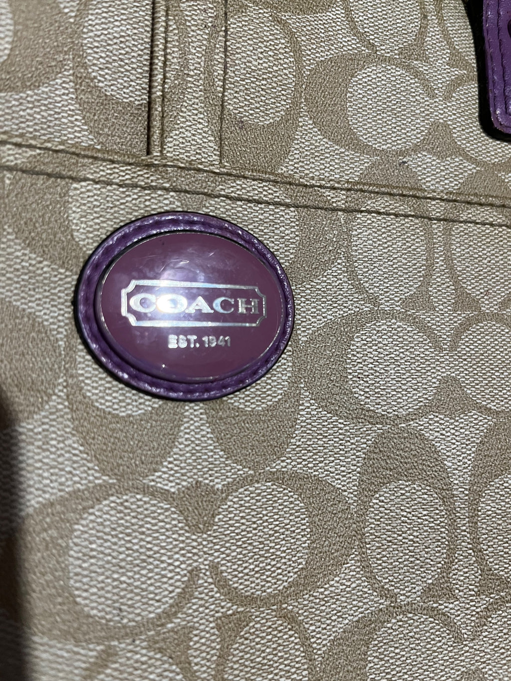 Coach Signature C Tote Bag Beige Purple Leather Trim - Image 2