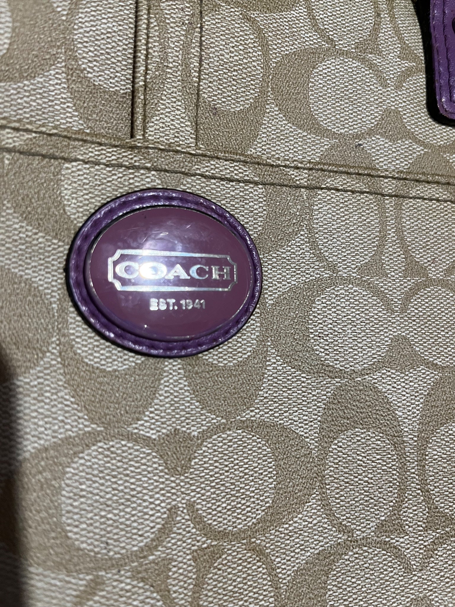 Coach Signature C Tote Bag Beige Purple Leather Trim - Image 2