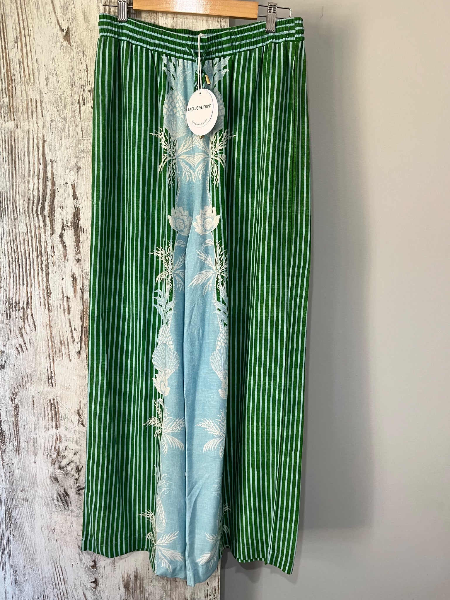 Ebby & I (Linen Lux) Green Striped Rayon Linen Blend Long Pants Size 12 - Image 2