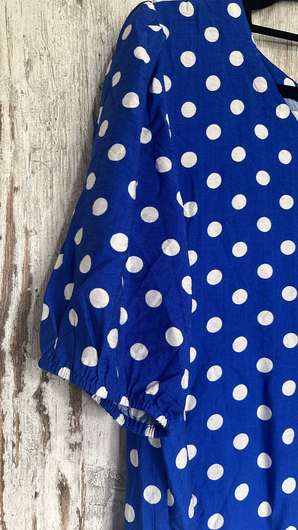Gordon Smith Blue Polka Dot V-Neck Ruffle Hem Dress Size 10 - Image 2