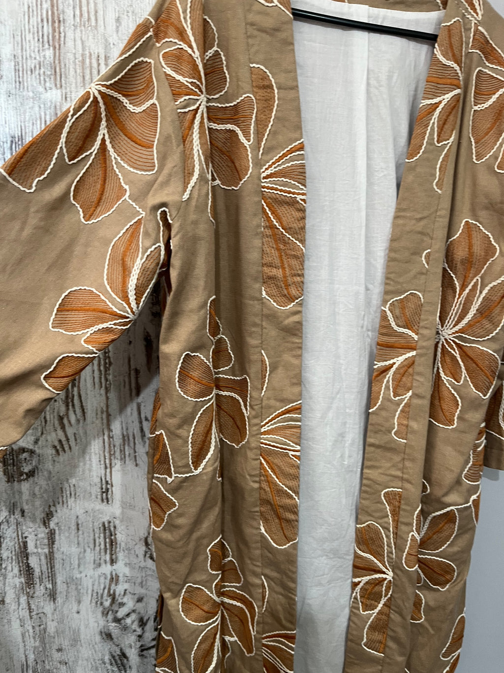 La Maise Tan Floral Embroidered Linen Blend Kimono Duster Cardigan - Image 2
