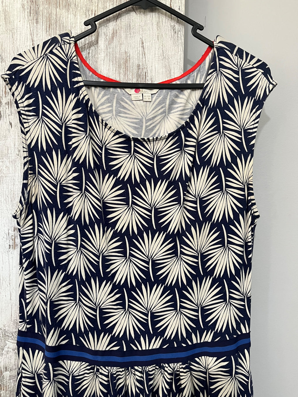 Boden Navy & White Palm Leaf Print Sleeveless Jersey Dress - Image 2