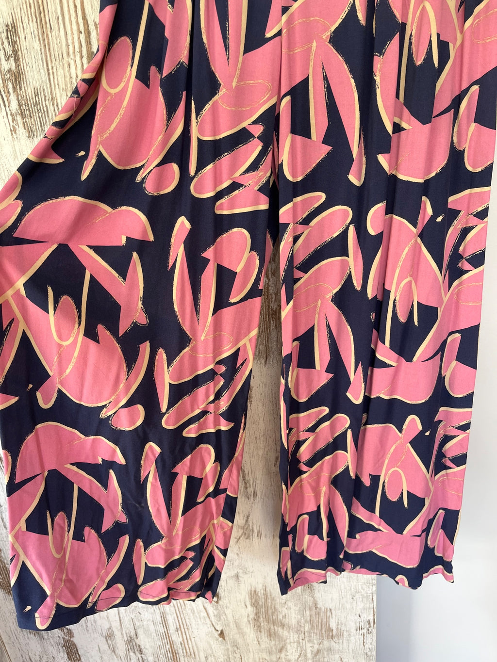 Fria Women's Navy And Pink Abstract Print Wide Leg Trousers Size 14 - Image 2
