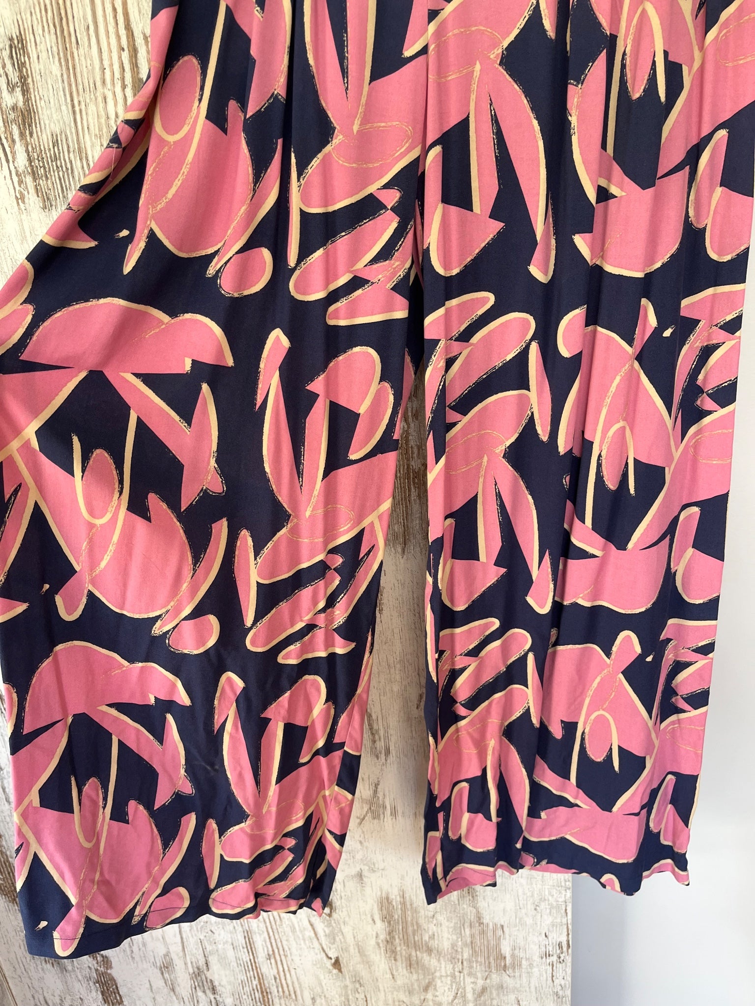 Fria Women's Navy And Pink Abstract Print Wide Leg Trousers Size 14 - Image 2