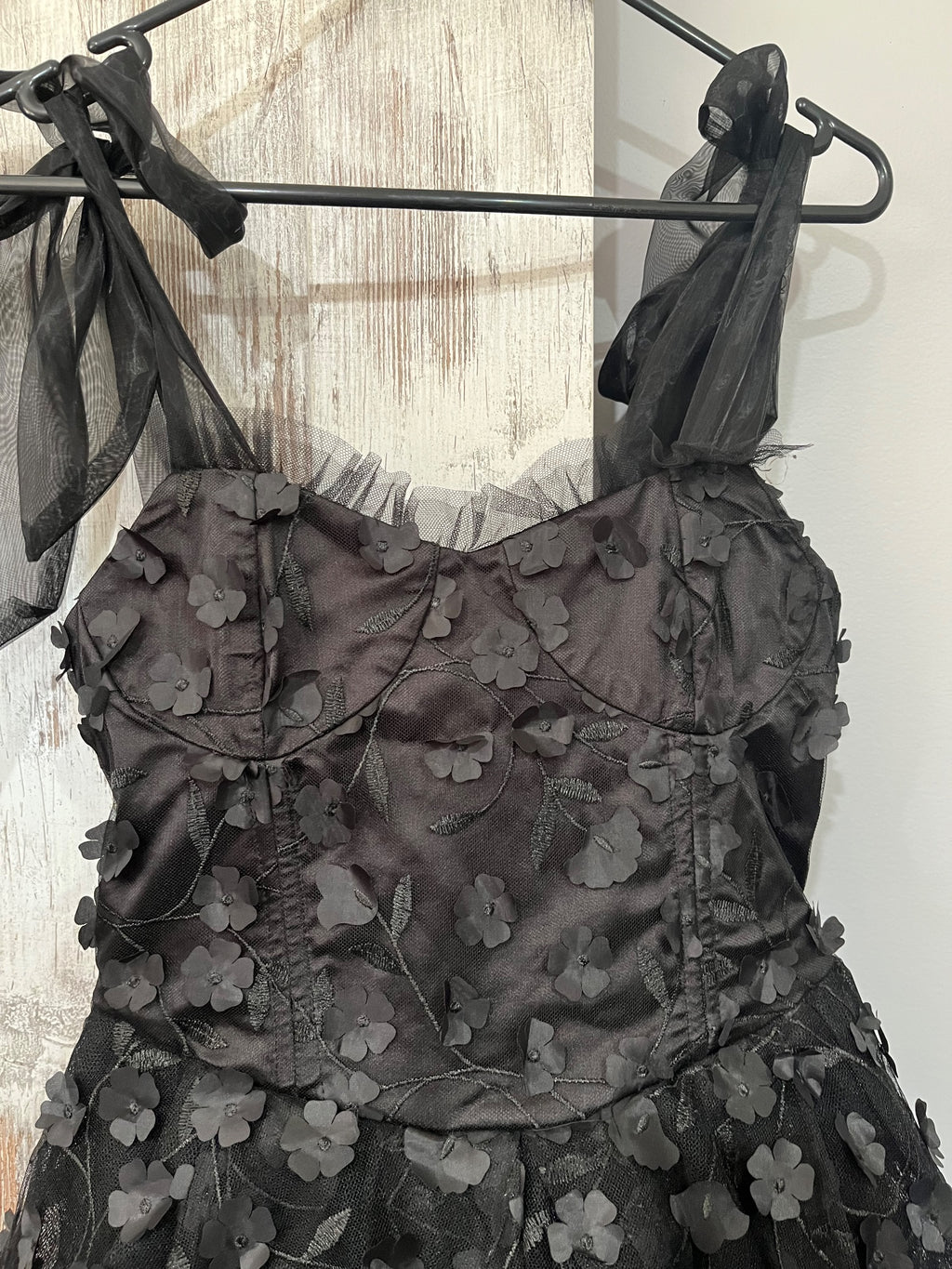 AURETTA Black 3D Floral Applique Corset Mini Dress With Tie Straps - Image 2