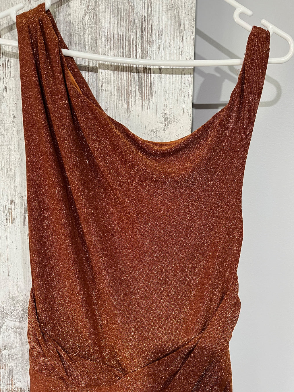 BWLDR Metallic Copper One-Shoulder Draped Maxi Dress Size 10 RRP $249 - Image 2