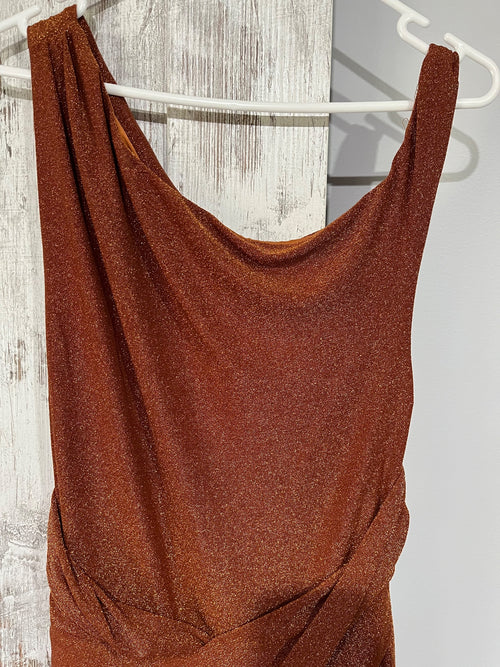 BWLDR Metallic Copper One-Shoulder Draped Maxi Dress Size 10 RRP $249 - Image 2