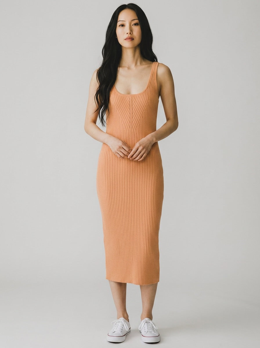Kivari Orange Ribbed Knit Midi Tank Dress