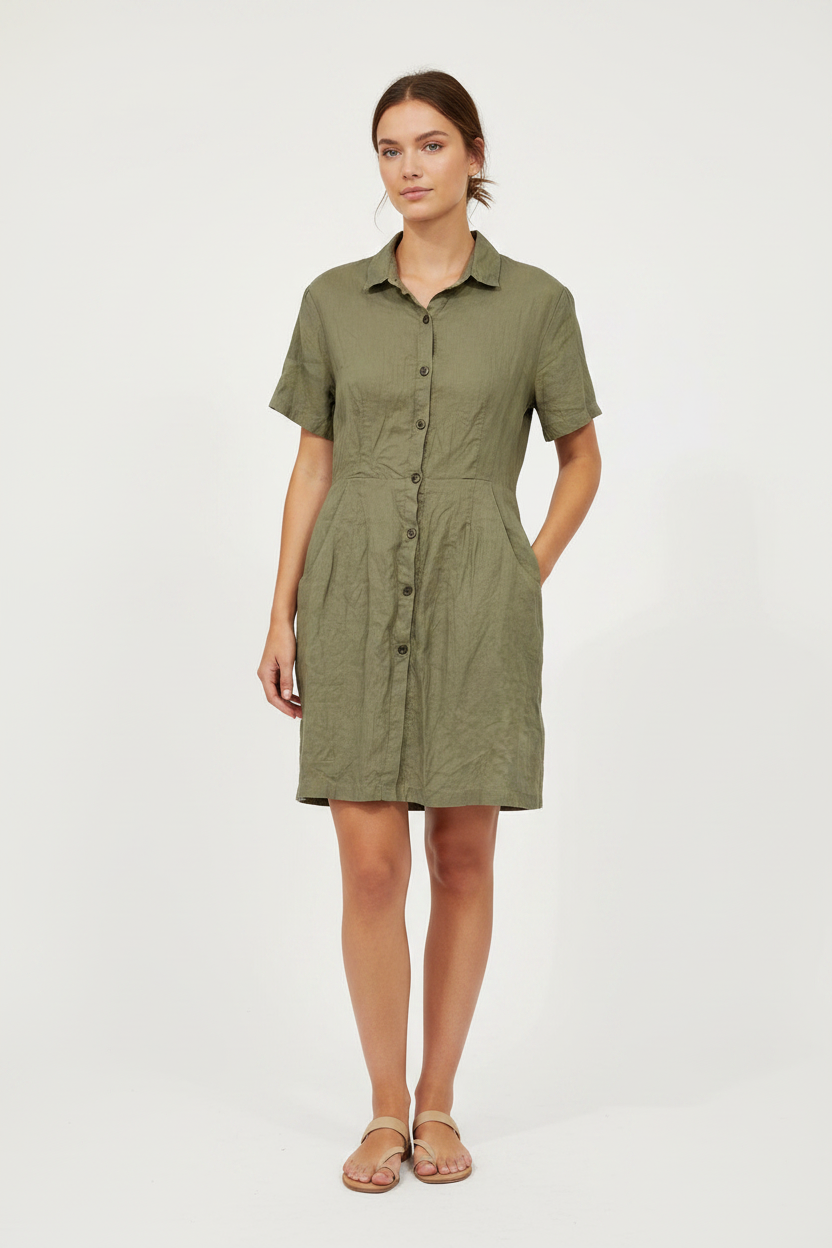 Rowie Olive Green Linen Button-Down Mini Dress