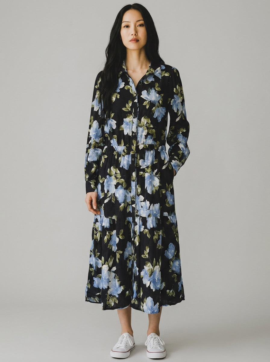 Witchery Floral Print Shirt Dress Black Blue Size 12
